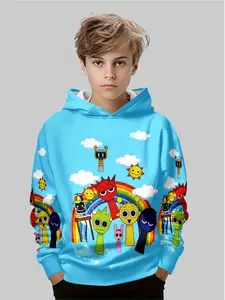 Hooded Sweatshirt Rainbow Cartoon Theme Graphics, Sky Blue Fun Stylish Style, Casual Fitted Long Sleeve, Fall & Winter Fashion