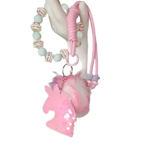 Bubble Gum Pink Sequined Unicorn Phone Holder-Keychain with Detachable Tie-Dyed Faux Rabbit Puff and Nylon Charm