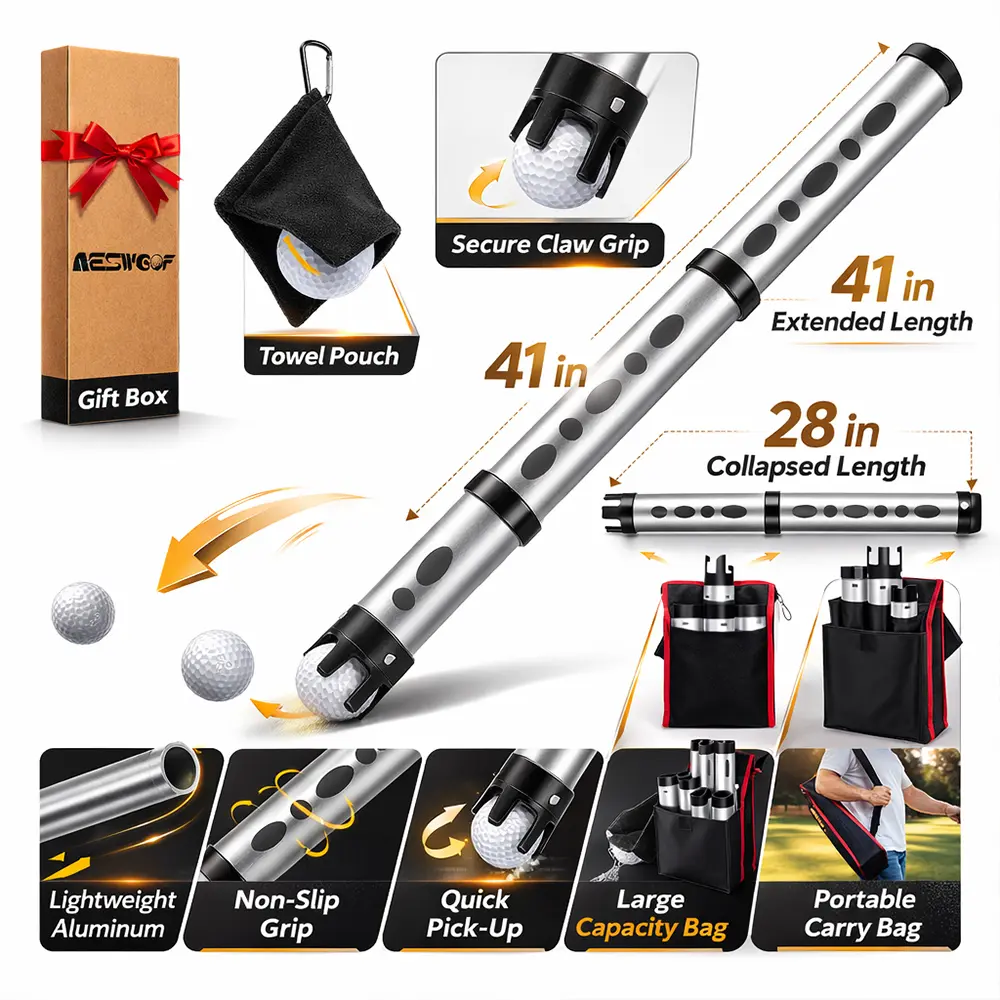 Golf Ball Picker Upper Tube, Durable Aluminum Alloy Golf Ball Retriever, Holds 24 Golf Balls, with Carry Bag, Ball Towel & 2 Secure Twist-On Caps