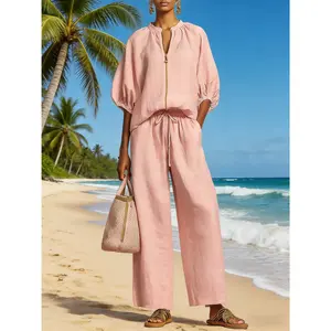 2026 Women's Casual 2 Piece Outfit Half Zip Sweatshirt & High Waisted Wide Leg Pants Lounge Set Y2K Matching Tracksuit Airport Travel Wear