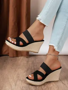 Women's Straw Wedge Sandals, Open Toe Cross Elastic Band Slip-On Thick Sole High Heel Mules, Perfect for Summer Beach Vacation