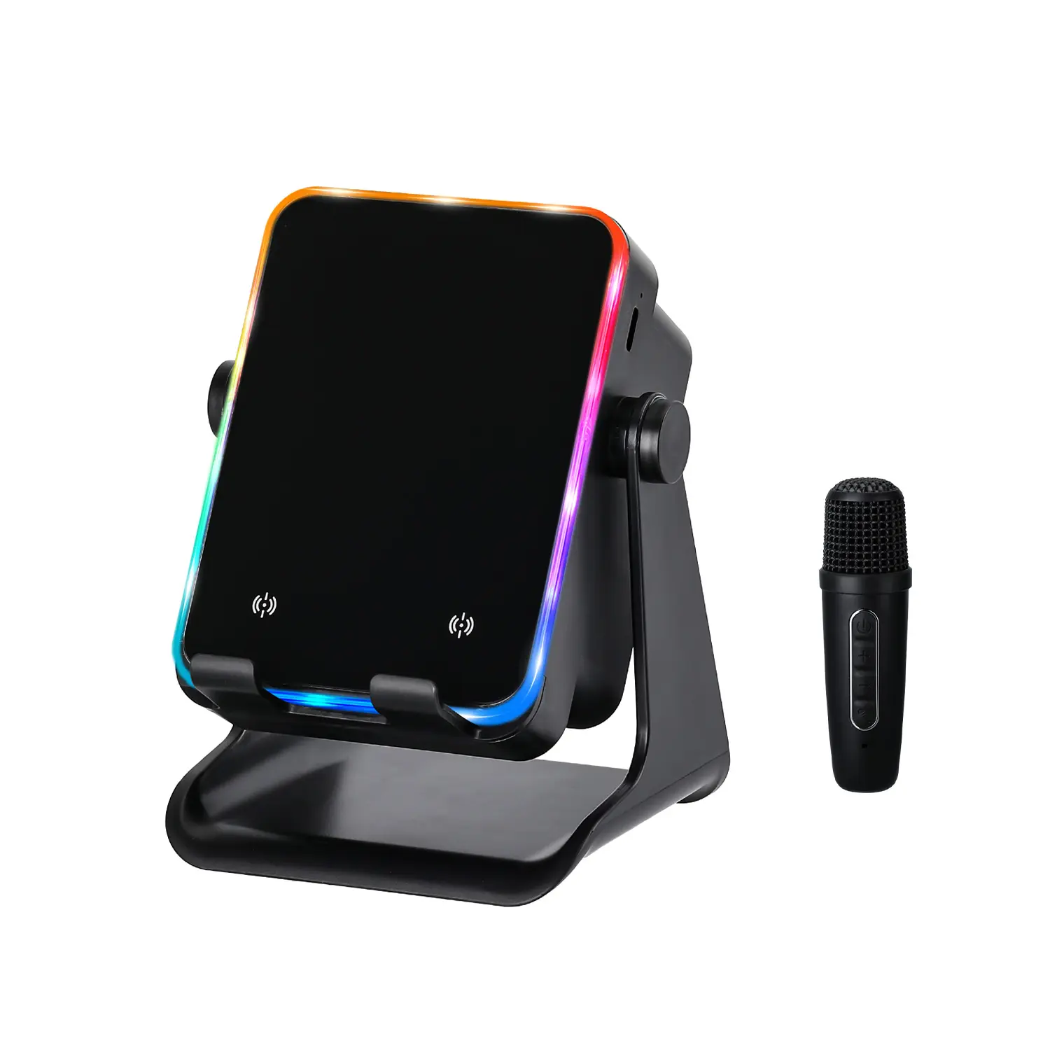 5-in-1 Inductive Wireless Audio Speaker Stand - Sing along with a microphone, 360° Adjustable Phone/Tablet Holder, 2000mAh Rechargeable Portable Charger, Colorful Ambient Light, USB-C Electronic Gadget, Compatible with iPhone 18-11 & Android Devices