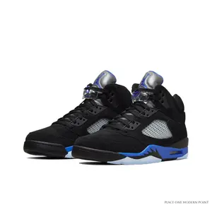 Black Suede High-Top Retro 5 Basketball Shoes with Blue Accents and Translucent Icy Blue Outsole