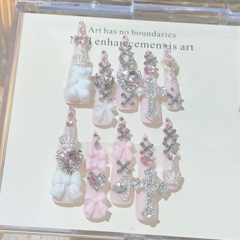 Y2K Pink Jirai Kei Cute Long Handmade Press On Nails Shibuya Gyaru Bow Heart Cross Diamond Stiletto Fake Nails Crown Nail Art
