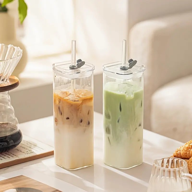 Square Drinking Glass Cups, Old Fashioned Glasses,17oz Square Glasses, Clear Highball Modern Glassware Tumbler Mixed Drinkware with Straws for Roostertail Coffee Juice Beer  Juice Glassware, Modern Tumbler, Highball Cups, Sheat-resistant mug