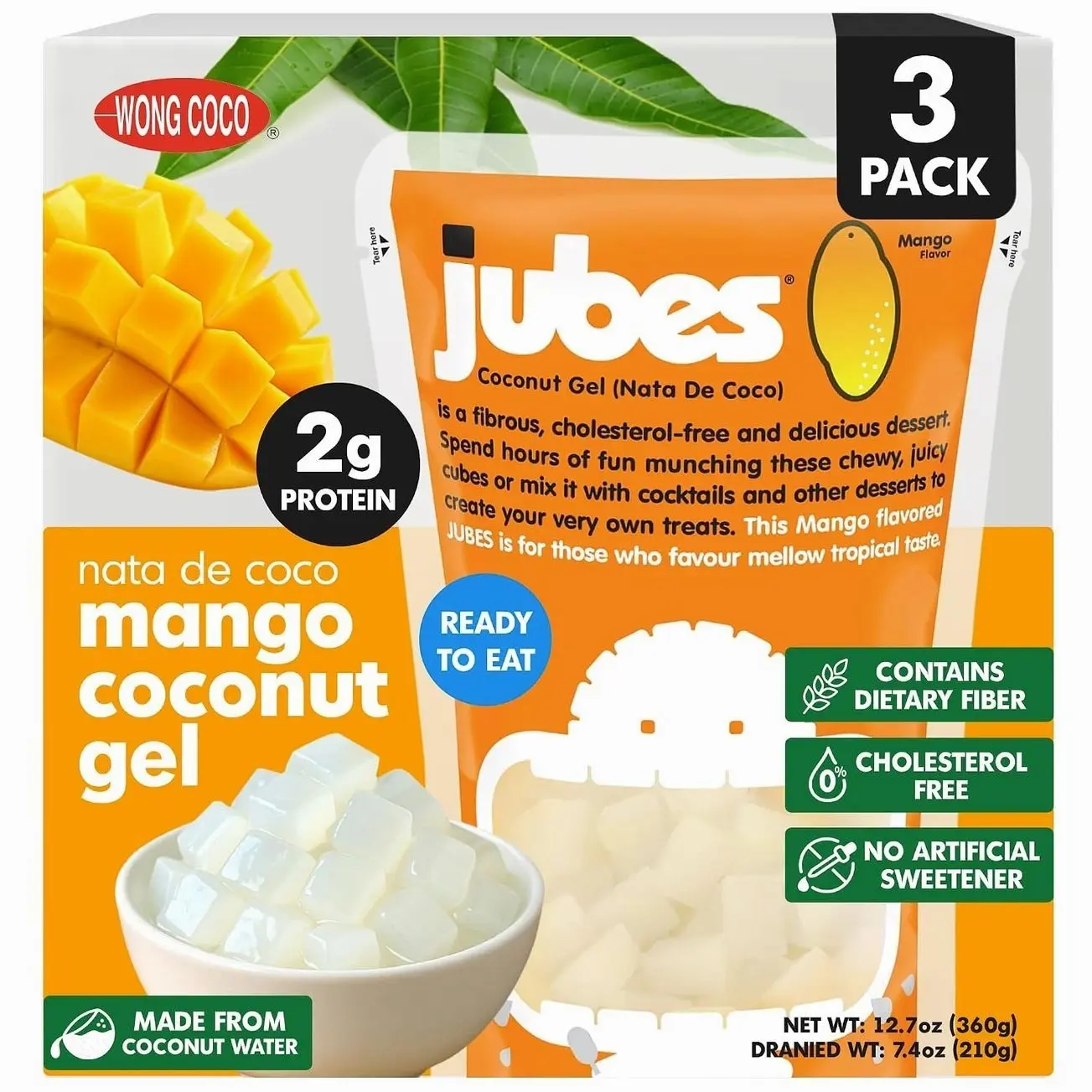 Jubes Mango Nata De Coco Jelly Cubes (12.7 oz, Pack of 3) - Mango Coconut Jelly Cubes for Sago - Coconut Gel in Syrup Toppings for Fruit Tea, Boba, Bubble Tea, Drinks, Desserts Yogurt, Ice Cream, Beverage