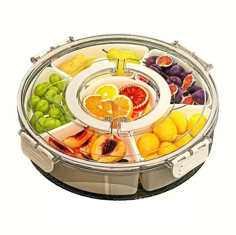 360-Degree Rotating Multi-Compartment Kitchen Utensil Organiser Tray with Lid, Handle & Insulation - Reusable Portable Storage Food Organizer for Outdoor Picnics, Home Kitchen Use