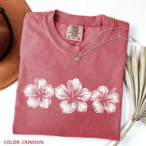 Comfort Colors Hibiscus Flower T-Shirt, Tropical Beach Graphic Tee, Vintage Wash Unisex, Summer TShirt For Vacation Beachwear Gift