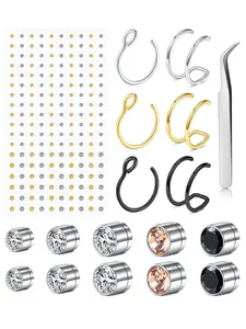 Stick On Fake Piercings, Nose Piercings Kit, Fake Lip Ring, Nose Rings, Eyebrow & Lip Piercings, Septum Piercing, Magnet Nose Stud, Self-Adhesive Face Sticker, Fake Piercing Balls, Silver Gold, Punk Y2k Body Piercing Jewelry For Women Men