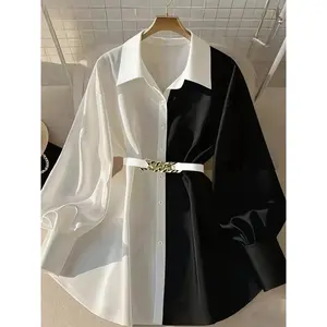 Women's casual retro loose shirt collar top with belt, color blocking design, metal button decoration, fashionable women's clothingRAIMENTRY