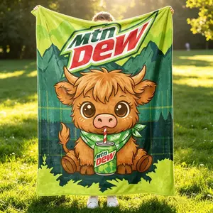 Mtn Dew Cute Highland Cow Fleece Throw Blanket, Cartoon Cow Drinking Mountain Dew Graphic, Soft Cozy for Fans & Cow Lovers