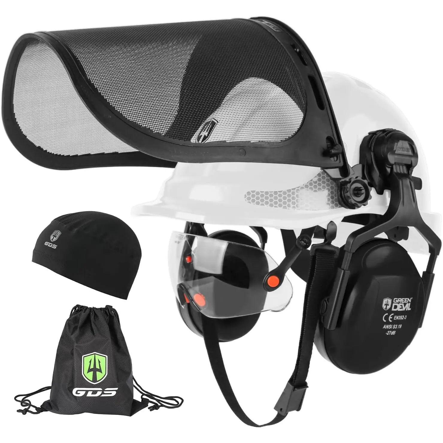Vented Safety Hard Hat with Metal Mesh Shield & Ear Muffs for Chainsaw & Brush-Cutter Work - All-in-1 Protection with 6-Point Suspension, Includes Draw String Bag, Arborist, Tree Cutting, Adjustable, 13.0 X 10.5 X 7.5 Inches