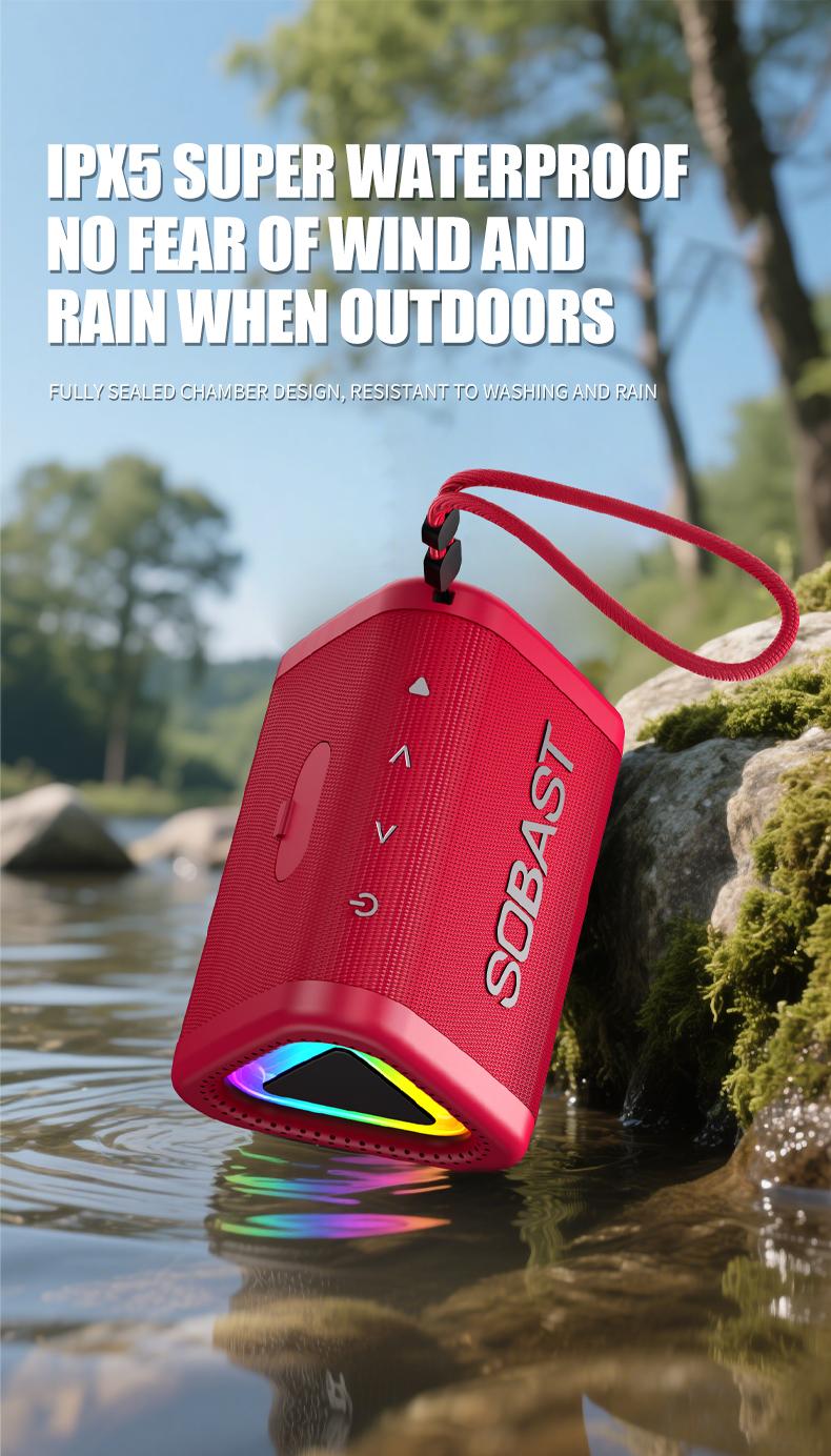 SOBAST Outdoor Bluetooth Speaker IPX5 Waterproof 360° Surround Sound RGB Lights Long Battery Life Powerful Bass Perfect for Home & Outdoor Use Supports Calling Audio Smartphone