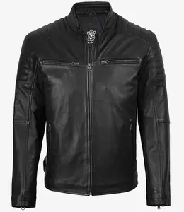 Men’s Black Biker Leather Jacket Quilted Shoulder Slim Fit Zip-Up Moto Style