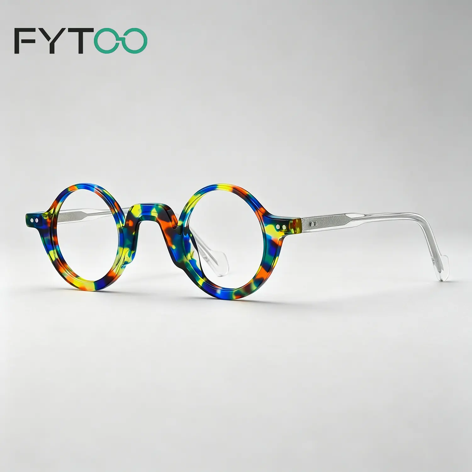 FYTOO Colorful Mosaic Acetate Small Round Glasses Frame, Unisex Light Luxury Art Business Fashion Eyeglasses, Elegant All-Day Daily Wear Eyewear, Perfect Gift for Him & Her 1731-02