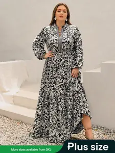 Plus Size Muslim Women Gowns Embroidered V-Neck Long Sleeve, Boho Style Paisley Print, Loose-Fitting Fall & Winter Women's Clothing