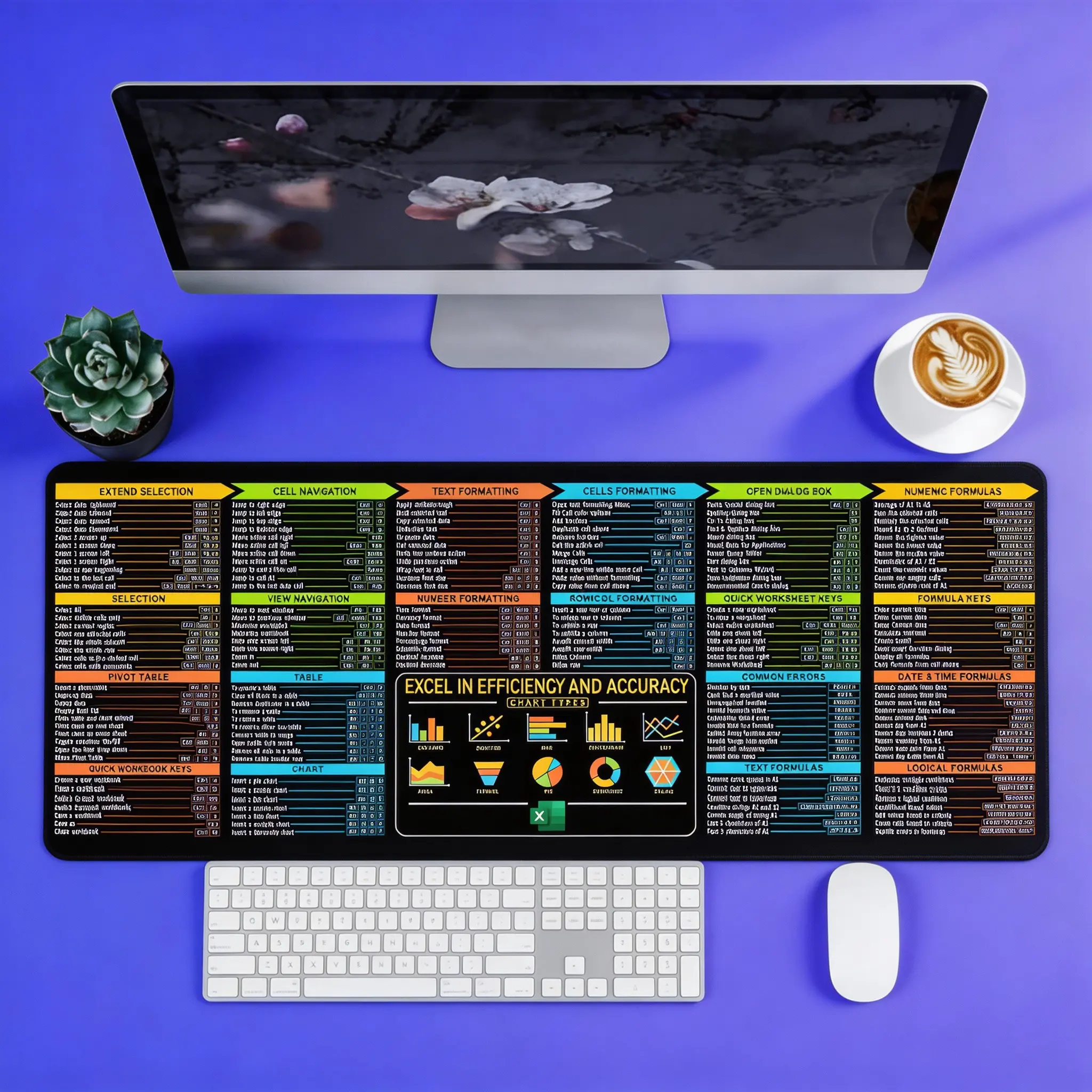Mouse Pad - Efficiency Excel Cheat Sheet Extended Office Desk Mat, Stitched Edges & Non-Slip Base