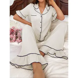 Chic Ruffled Two-Piece Women’s Pajama Set, Stylish Autumn Cardigan Loungewear, Elegant Contrast Color Sleepwear for Cozy Nights