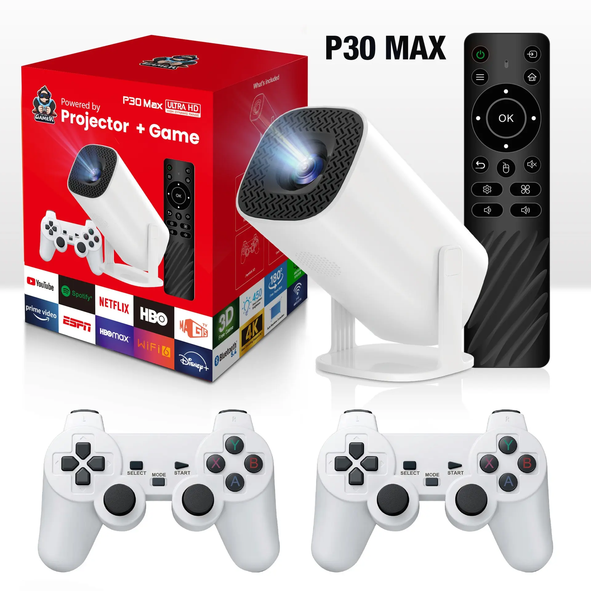 Portable 3D Game Video Projector, Android 11 WiFi 6 BT5.0 Home Theater Projector, Wireless Mini Projector with Game Function for Home Use