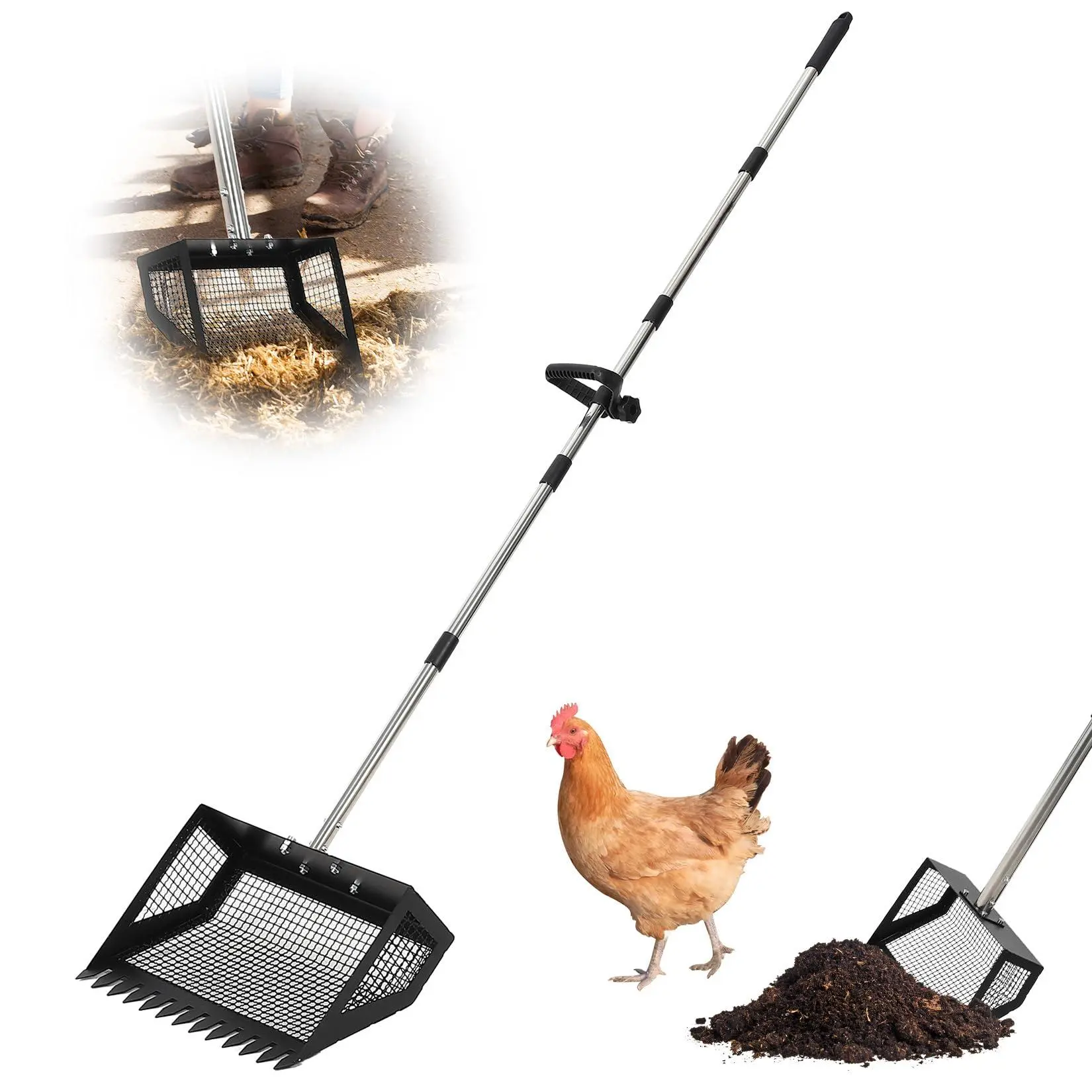 2-in-1 Heavy-Duty Chicken Coop Waste Scraper & Rake Tool, 15" Wide Metal Sifting Shovel, Extendable 24"-68.8" Ergonomic Handle, Black-Sprayed Farm Manure Cleaning Tool (38x26x175cm)