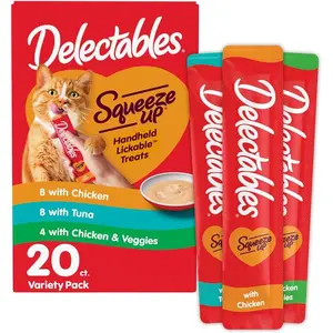 Delectables Squeeze Up Variety Pack, Creamy Squeezable Puree, Lickable Wet Cat Treats, Grain Free, No Added Fillers, No by-Products, No Added Preservatives, 0.5 Ounces Tube, 20 Tubes Total