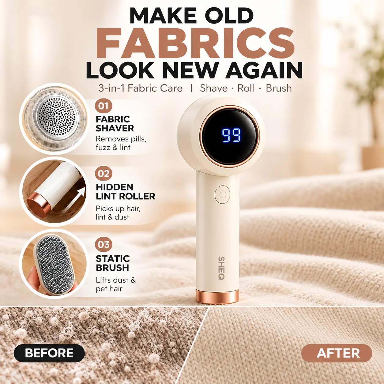 Rechargeable 3-in-1 Fabric Shaver & Lint Remover, 3-Speed Sweater Defuzzer with LED Display, 6-Leaf Blades, Hidden Lint Roller & Static Brush for Clothes, Blankets, Couch & Bedding, Christmas Gift, Thanksgiving Gift