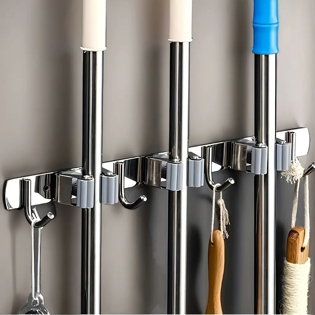 Stainless Steel Wall-Mounted Mop and Broom Holder, Multifunctional Organiser with Slots and Hooks for Bathroom, Kitchen, Laundry - Durable Home Organizing Storage Solution