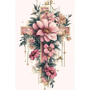 1PCS Floral Cross Diamond Painting Kit for Adults DIY Crystal Rhinestone Embroidery Religious Wall Art Ho
