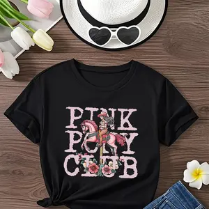 Girls' Pony Club Graphic T-Shirt - Soft Knit Round Neck Casual Top with Playful "PINK PONY CLUB" Print, Spring Summer Fall Fashion Tee for Kids, Comfortable Everyday Outfit, Shirts for Girls