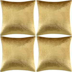 4-Pack Golden Velvet Throw Pillow Covers, Soft Luxurious Cushion Cases with Zipper Closure, Hand Wash Only, Woven Polyester 100%, Contemporary Style for Various Room Decor