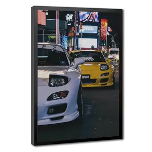 Mazda RX-7 FD White & Yellow JDM Canvas Art Print, NYC Night Street Racing Car Wall Decor, Retro Japanese Tuner Poster for Living Room Man Cave