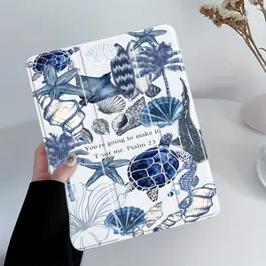 Creative and Fashionable Marine Life Turtle Pattern Blue Series Four-Corner Shockproof Foldable Tablet Case with Pen Slot,Suitable for iPad Mini, Air, Pro 4,5,6,7(2017,2018,2019,2020,2021,2022,2023,2024,2025 models),and Samsung S6,7,8,9,10FE + A7 LTE