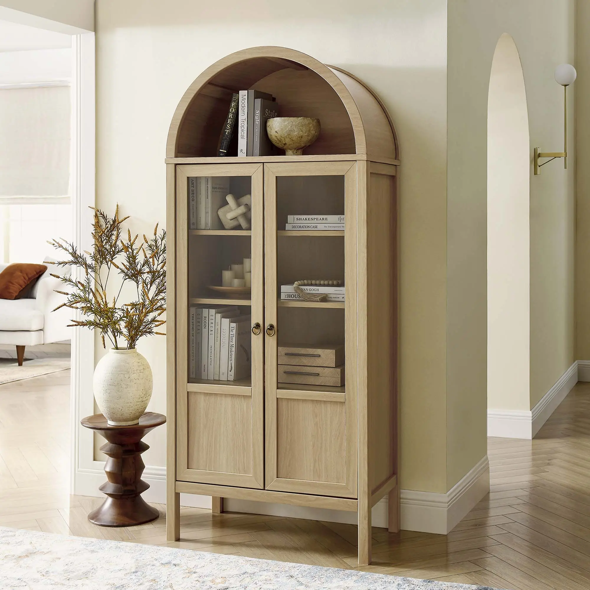 Tessa Tall Arched Oak Wood Storage Cabinet, Display Storage Dining Room Furniture, Adjustable Shelves Dining Room Furniture, Bottom Shelf: 84 Lbs