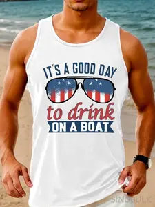 IT's A GOOD DAY to DRINK ON A BOAT Print Tank Top, Men's Cotton Comfy Sleeveless Tank Tops, Graphic Tank Tops Men's Outdoor Clothes, Men's Clothing, Casual Crew Neck Tank Tops for Men, Gift for Men