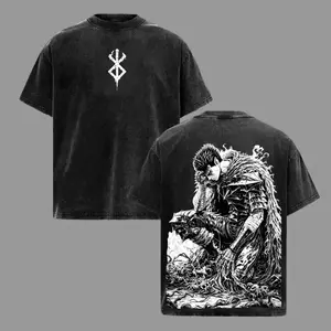 Men's Oversize Berserk Black Knight Guts Retro Vintage Washed Heavyweight Cotton Short-Sleeve T-Shirt - Menswear Top, Gift For Anime Fans Crewneck Tshirt Streetwear