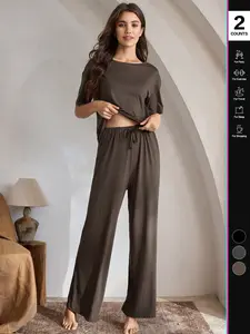 Women's 2 Piece Soft Knit Matching Set, Oversized Short Sleeve Top & Flowy Palazzo Pants, Casual Fitted Loungewear Chic for All Seasons