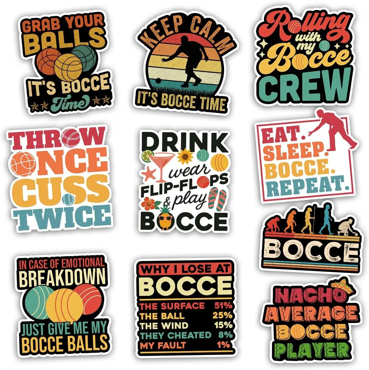 Bocce Balls Sticker Pack, Funny Bocce Player, Gift for Men Women, Sports Decoration for Laptop Tablet Water Bottle Planner Scrapbook Helmet Car Truck Vehicles