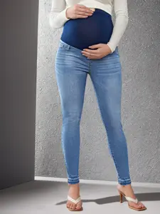Blue Pregnant Jeans for Summer, Mid-Waist Elastic Waistband, Loose Fit, Casual Style, Slimming Effect, Skinny Leg Pants