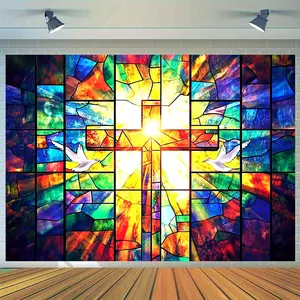 Stained Glass Cross Backdrop Religious Faith Theme Tapestry Wall Hanging Photography Background for Church Celebration Wedding Event Holiday Decor Supplies