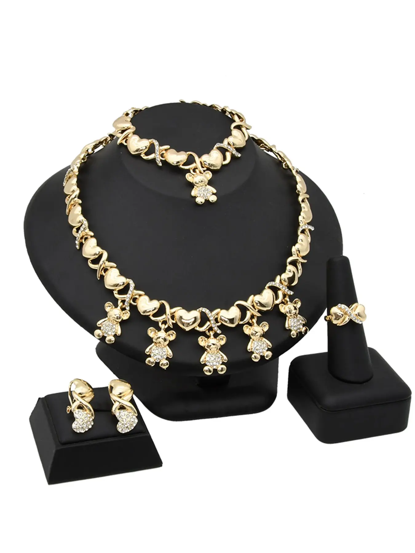 Women's Elegant Xo Heart Bear Crystal Jewelry Set, Wedding Party Bride Necklace Ring Earrings Bracelet Set, 4-Piece Gift Set