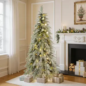 5FT Pre-Lit Spruce Snow Flocked Christmas Tree, Artificial Hinged Xmas Tree with LED Lights, Holiday Office Home Décor