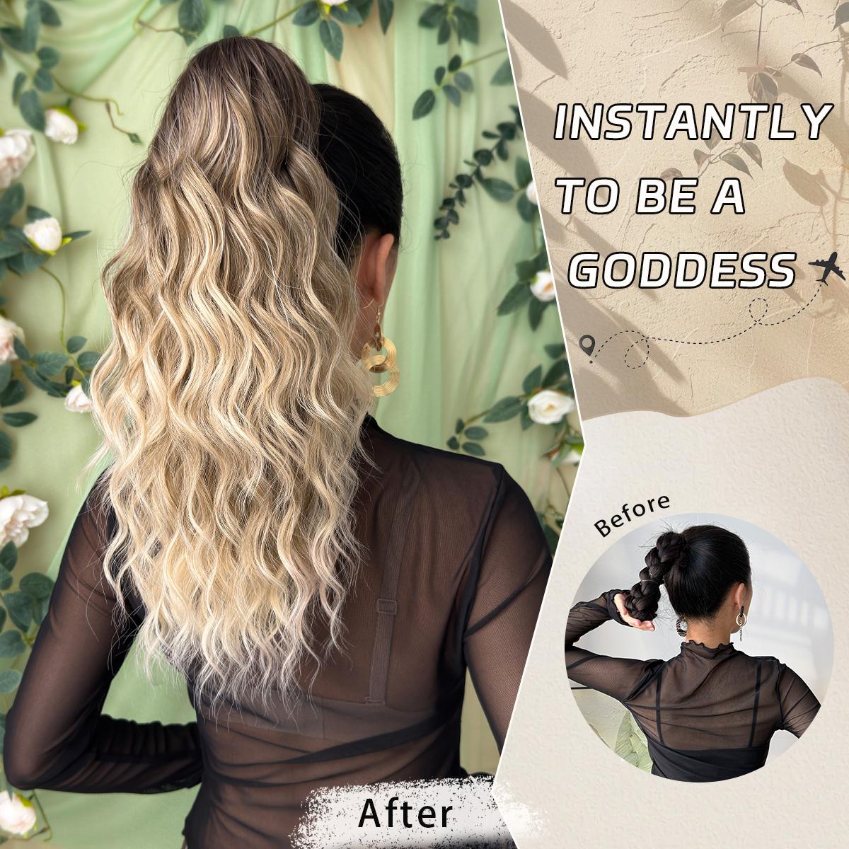 HEYPINK Short Claw Ponytail Extension - 18in Black-Brown Ombre Water Wave, Heat-Resistant Synthetic Fiber Hairpiece with Hair Transition for Women, Party & Daily Use