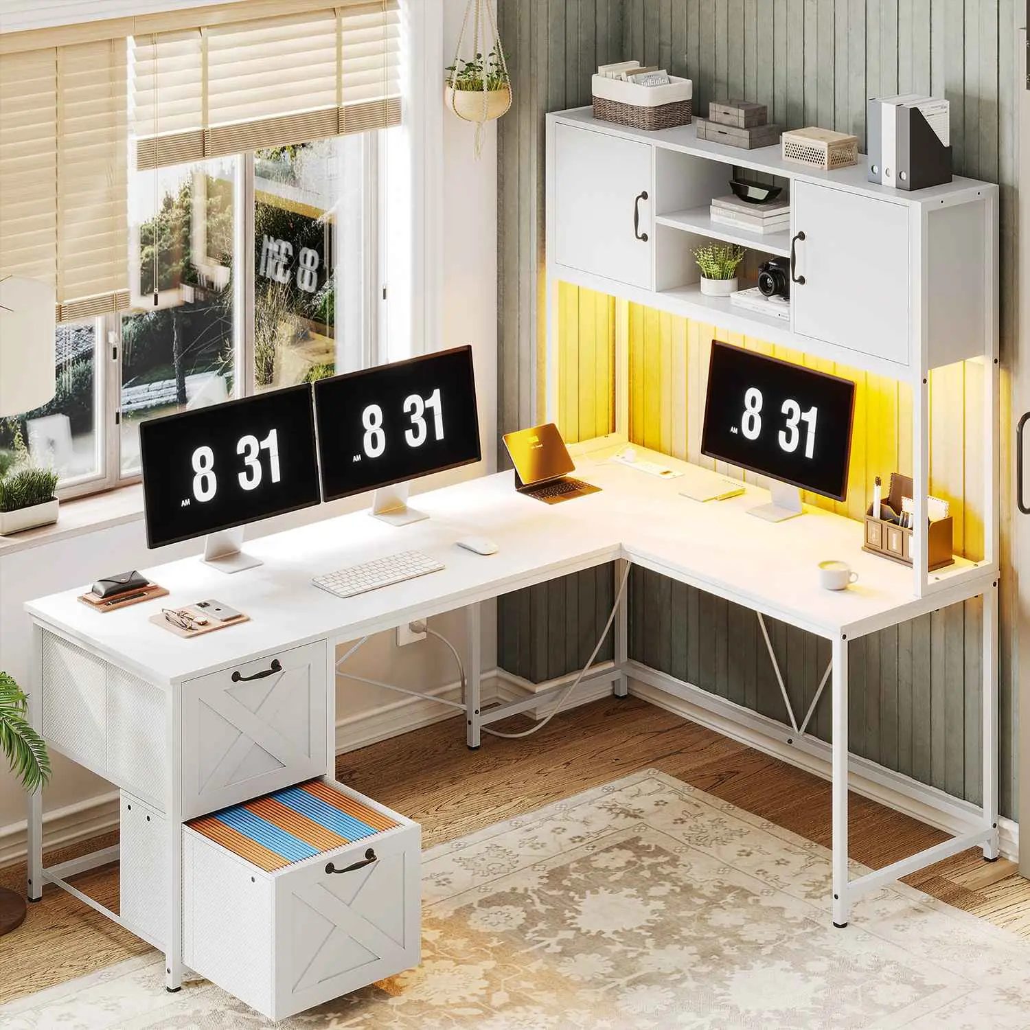 SIKAIC 86.6" L-Shaped Gaming Home Office Desk with LED Lights, White Corner Desk with File Drawers Cabinet, Charging Station, Power Outlet, Metal Legs, 18.9"d x 62.2"w x 65"h