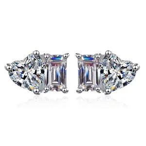 Moissanite Toi et Moi Heart and Princess Stud Earrings 2ct D-E Color 925 Sterling Silver White Gold Plated Stud Earring