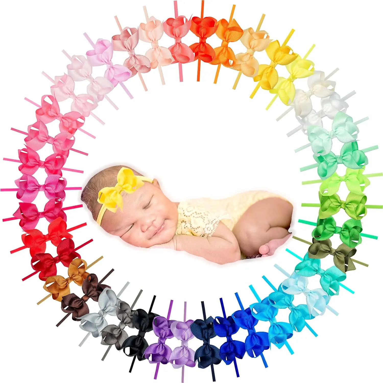 Baby Girls' Synthetic Bow Headbands - 40-Pack Cute Hair Accessories Accessory Kit, 3-Inch Solid Color Elastic Fit Assorted Set for Newborns, Infants, Hair Decor, Children, Bow Shape, Cute Bows