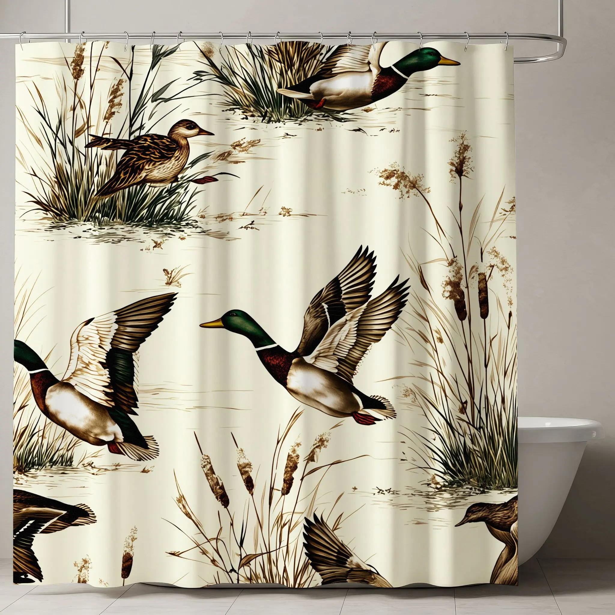 Vintage Mallard Ducks Shower Curtain, Rustic Cream Decorative Bathroom Accessory, Wildlife Print, Charismatic Outdoor Theme, Ideal for Spring Refreshment, Bathroom Decoration Accessories, Bath Curtains Shower