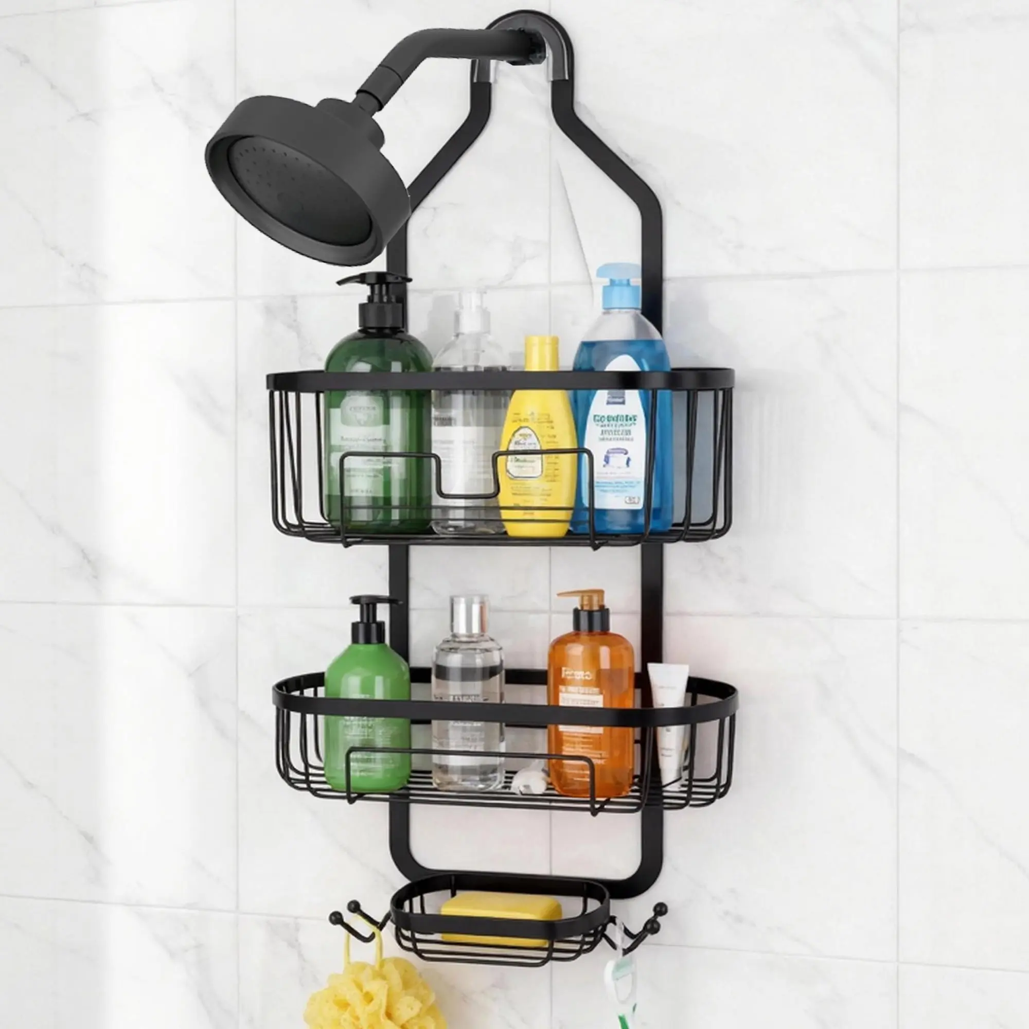 Black Hanging Over-Showerhead Caddy - 3-Tier Rustproof Bathroom Organizer with Hooks, Soap Holder, Anti-Swing Design (Home Supply, Shower Accessory)