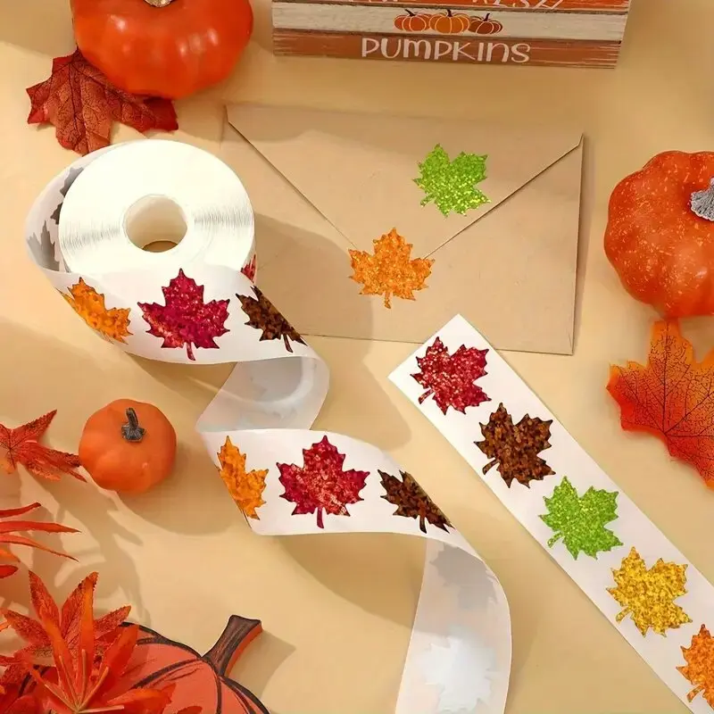 1 roll, Holographic Laser Maple Leaf Graffiti Stickers in Five Unique Colors for Autumn, Nature Stickers, Thanksgiving Maple Leaf Decals, Festive Party Labels, Scrapbook DIY Decorations, Sealing Stickers for Envelopes
