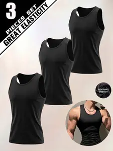 3-Pack Men's Compression Workout Tank Top, Breathable Quick Dry 4-Way High Stretch Sleeveless Athletic Shirt For Gym Basketball Running Yoga Cycling & Daily Casual Wear, Sleeveless Workout Vest