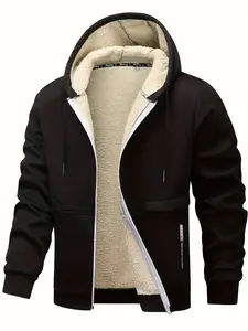 Men's Fashion Lined Hoodie - Warm and Comfortable Solid Color Zipper Autumn/Winter Casual Polyester Fiber Jacket with Drawstring Hoodie, Cold Weather Clothing |   Fashion Hoodie |   Plush Lined Hoodie